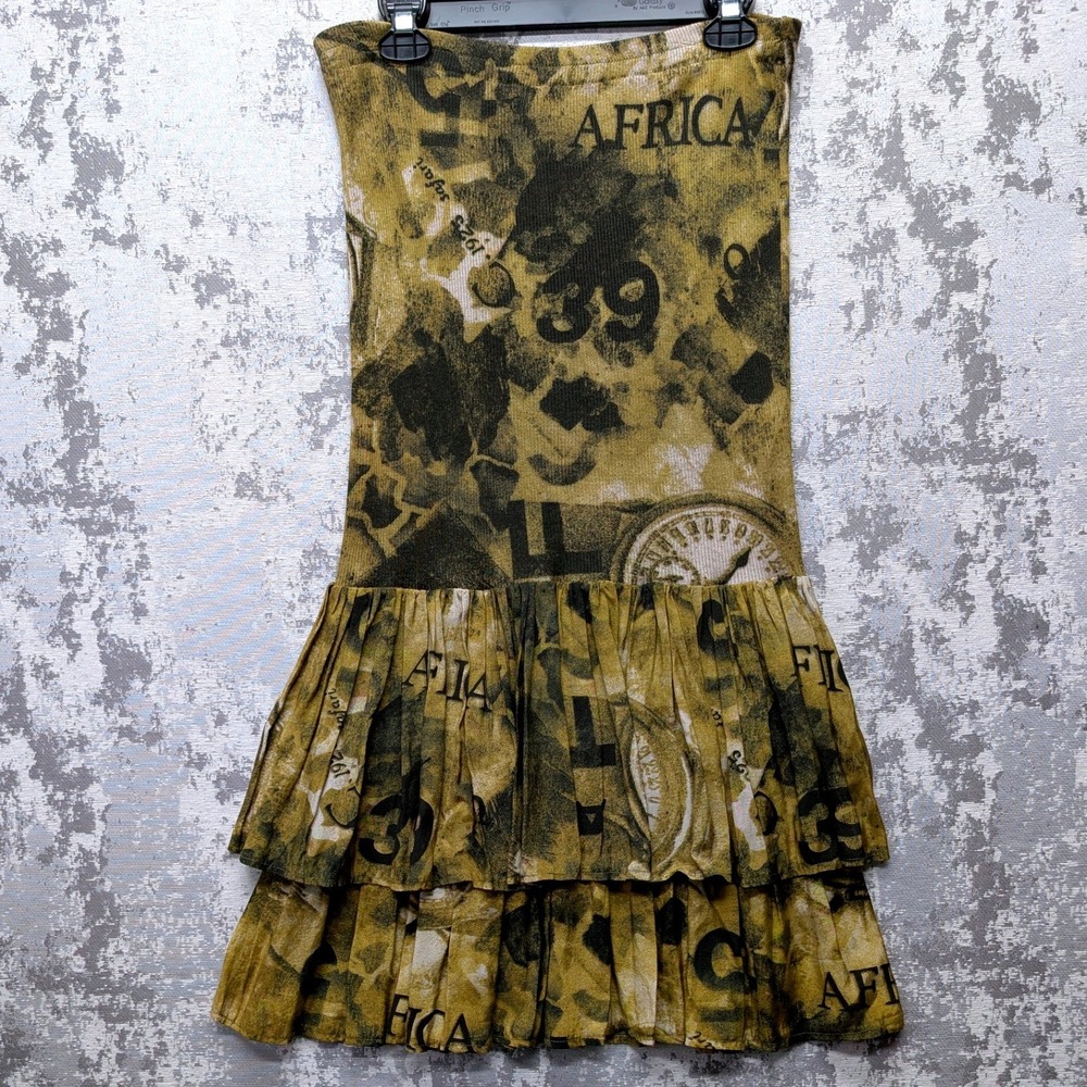 Vintage Unique Abstract Africa Safari 1929 Print Strapless Tiered Dress‎ Medium